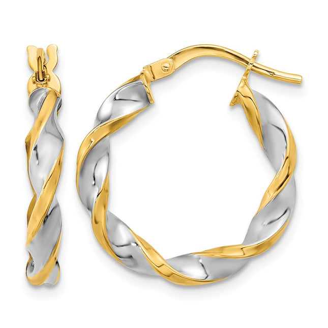 14K & White Rhodium Polished & Twist Hoop Earrings, 22.25 x 3.1mm