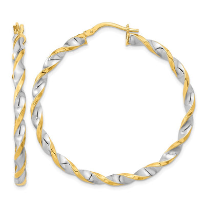 14K & White Rhodium Polished & Twist Hoop Earrings, 42.75 x 3.1mm