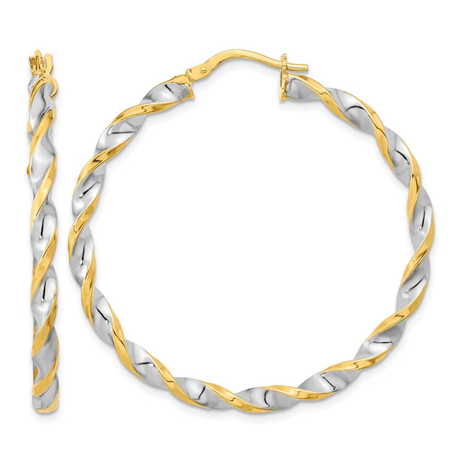 14K & White Rhodium Polished & Twist Hoop Earrings, 42.75 x 3.1mm