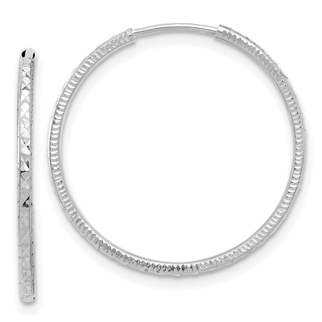 14k White Gold D/C Endless Hoop Earrings, 25 x 1.5mm