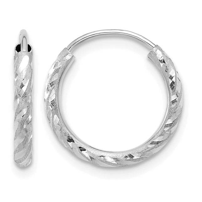14k White Gold Polished and Satin D/C Endless Hoop Earrings, 14 x 2mm