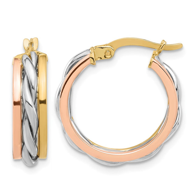 14K Tri-color Polished Hoop Earrings, 20 x 5mm