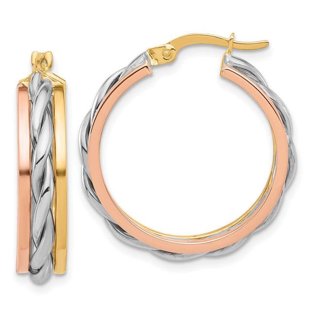 14K Tri-color Polished Hoop Earrings, 26 x 5mm