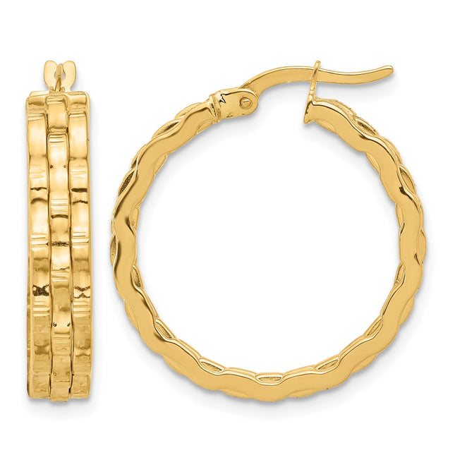 14K Polished and Textured Hoop Earrings, 25 x 4.6mm