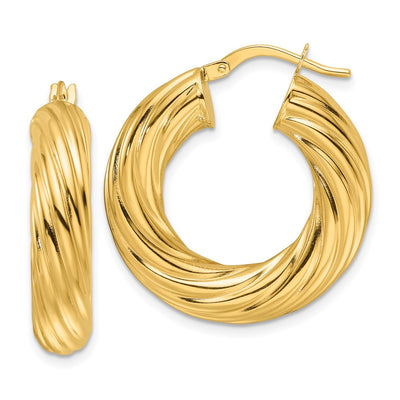 14K Yellow Gold Polished Twist Hollow Round Hoop Earrings