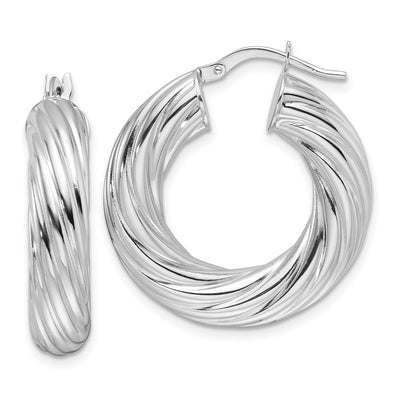 14K White Gold Polished Twisted Hollow Round Hoop Earrings
