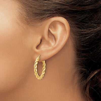 14K Polished Twisted Hoop Earrings, 27 x 3.7mm