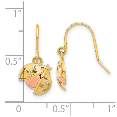 14K w/Rose and White Rhodium D/C Ladybug Dangle Earrings