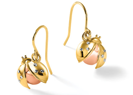 14k w/Rose and White Rhodium D/C Ladybug Dangle Earrings