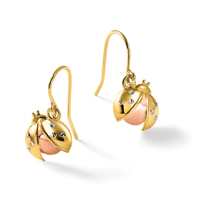 14K w/Rose and White Rhodium D/C Ladybug Dangle Earrings