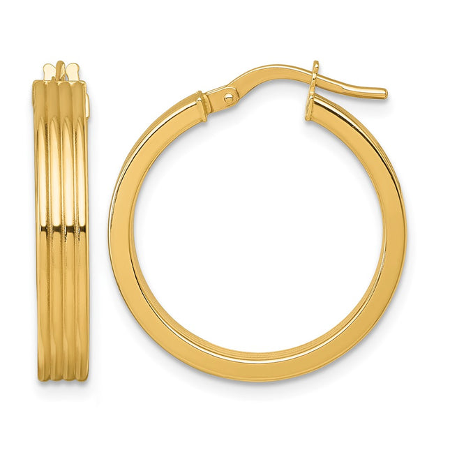 14k Polished and Grooved 4.00 x Tube Hoop Earrings, 24 x 4mm