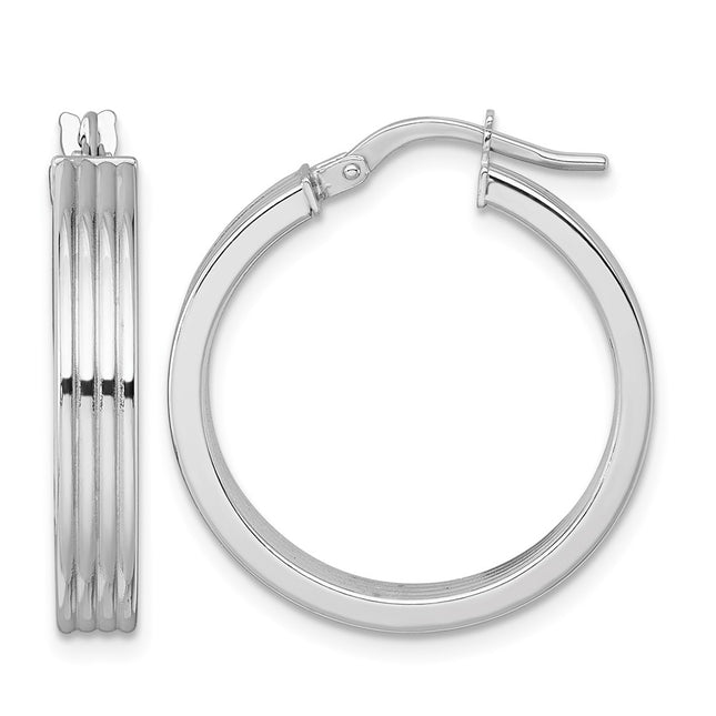 14k White Gold Polished and Grooved 4.00 x Tube Hoop Earrings, 24 x 4mm