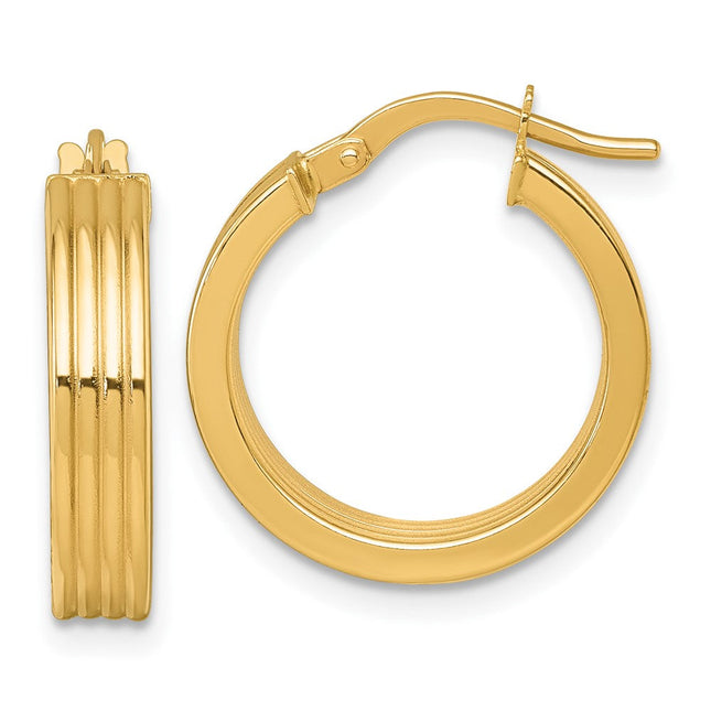 14k Polished and Grooved 4.00 x Tube Hoop Earrings, 19 x 4mm