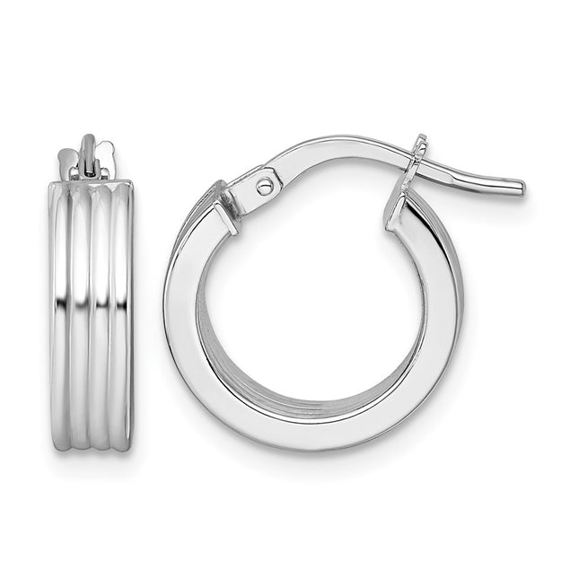 14k White Gold Polished and Grooved 4.00 x Tube Hoop Earrings, 15.5 x 4mm