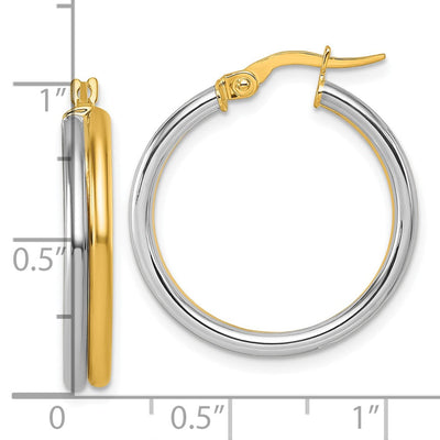 14K with White Rhodium Polished x Round Hoop Earrings, 25 x 4mm