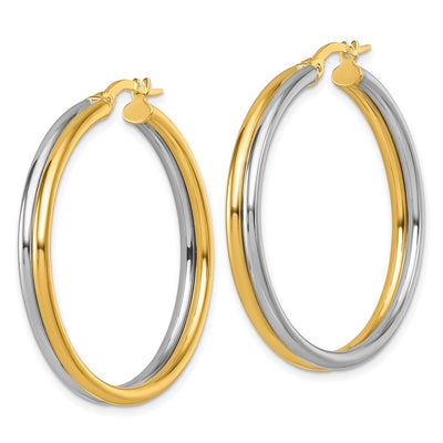 14K with White Rhodium Polished x Round Hoop Earrings, 35 x 4mm