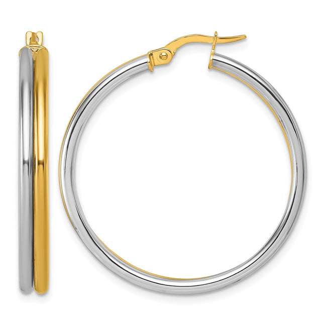 14K with White Rhodium Polished x Round Hoop Earrings, 35 x 4mm
