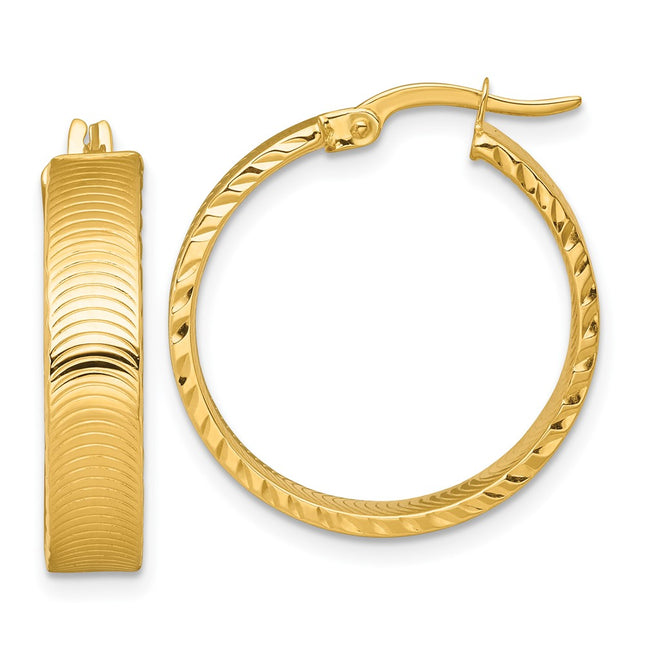 14k Polished 5.0 x Diamond-Cut Textured Tube Hoop Earrings, 24 x 5mm
