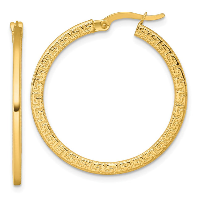 14k Polished 1.5 x Textured Greek Key Hoop Earrings, 30 x 1.5mm