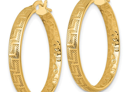 14K Polished Greek Key Design Textured 4.00 x Tube Hoop Earrings (Style TF2401)