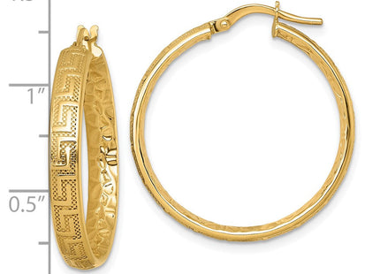 14K Polished Greek Key Design Textured 4.00 x Tube Hoop Earrings (Style TF2401)