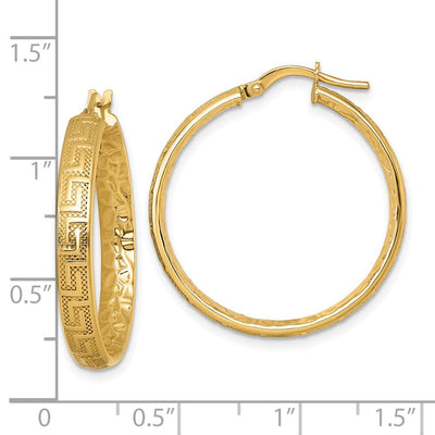 14K Polished Greek Key Design Textured 4.00 x Tube Hoop Earrings, 28 x 4mm