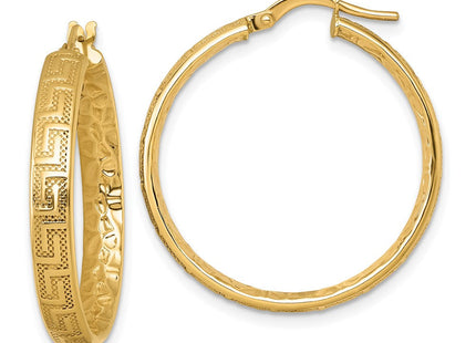 14K Polished Greek Key Design Textured 4.00 x Tube Hoop Earrings (Style TF2401)