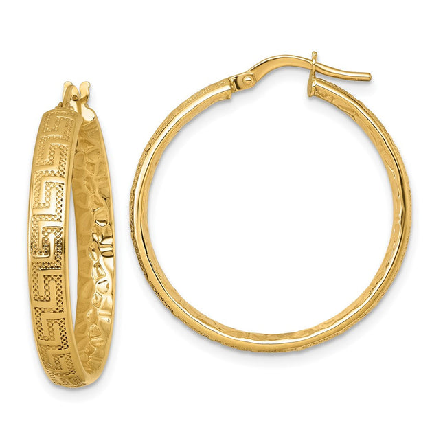 14K Polished Greek Key Design Textured 4.00 x Tube Hoop Earrings, 28 x 4mm