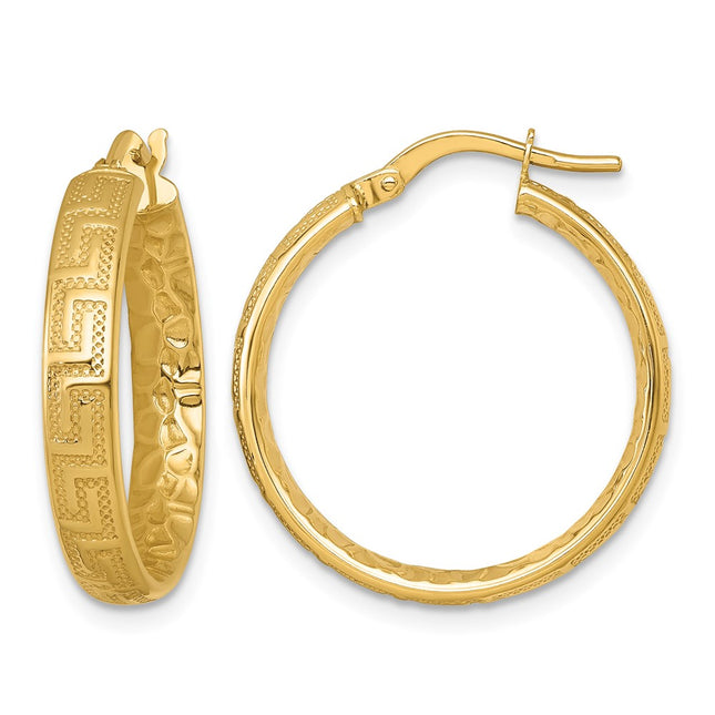 14K Polished Greek Key Design Textured 4.00 x Tube Hoop Earrings, 24 x 4mm