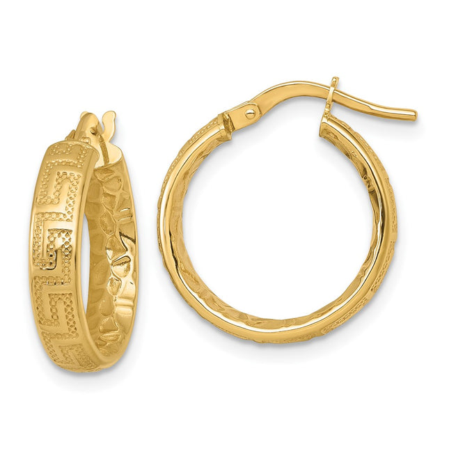 14K Polished Greek Key Design Textured 4.00 x Tube Hoop Earrings, 19 x 4mm