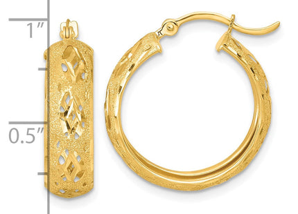 14k Polished Laser and Diamond-cut 6. Fancy Design Round Hoop Earrings (Style TF2406)