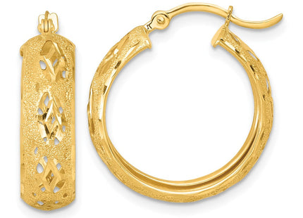 14k Polished Laser and Diamond-cut 6. Fancy Design Round Hoop Earrings (Style TF2406)