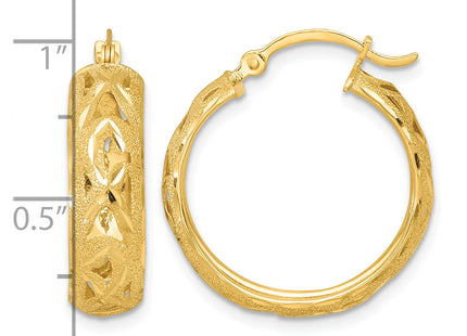 14k Polished Laser and Diamond-cut 6. Fancy Design Round Hoop Earrings, 23 x 21mm