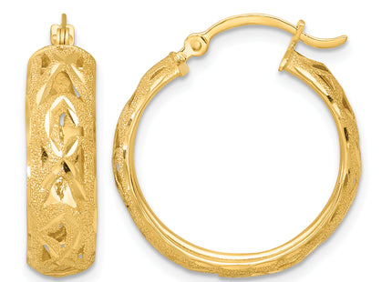 14k Polished Laser and Diamond-cut 6. Fancy Design Round Hoop Earrings, 23 x 21mm