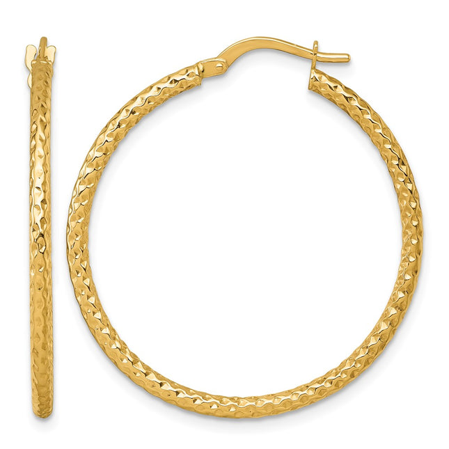 14k Polished Diamond-cut Textured 2.00 x Tube Hoop Earrings, 34 x 2mm