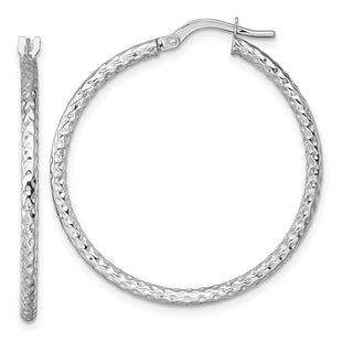 14k White Gold Polished Diamond-cut Textured 2.00 x Tube Hoop Earrings (Style TF2411W)