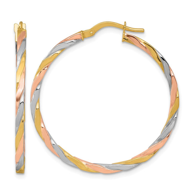 14k with Rose and White Rhodium Polished Twisted 2.00 x Tube Hoop Earrings, 35 x 1.75mm