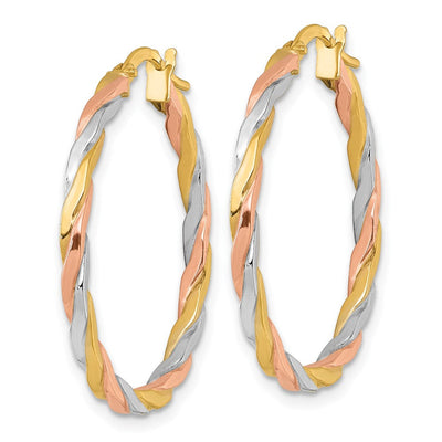 14K with Rose and White Rhodium Polished Twisted 2.00 x Tube Hoop Earrings, 30 x 1.75mm
