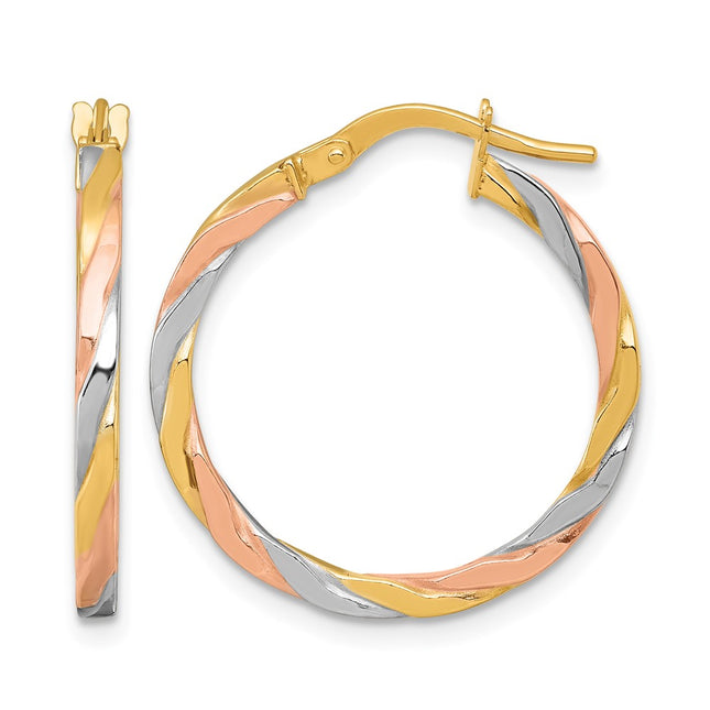 14k with Rose and White Rhodium Polished Twisted 2.00 x Tube Hoop Earrings, 24 x 1.75mm