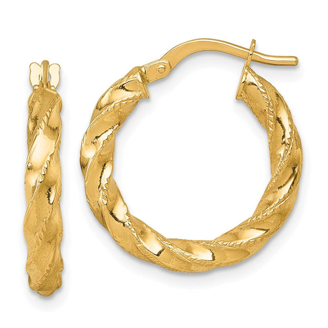 14k Polished Diamond-cut Twisted 3.00 x Tube Hoop Earrings, 21 x 3mm