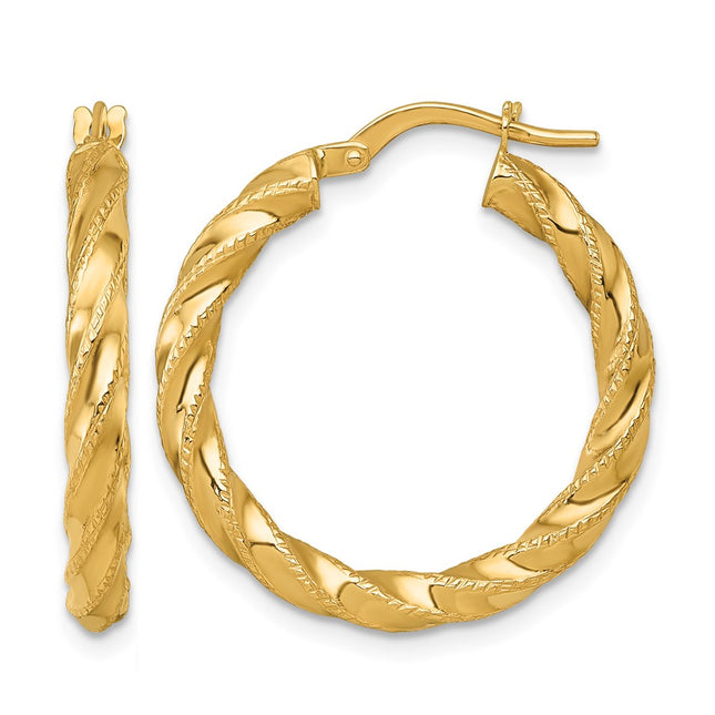 14k Polished Diamond-cut Twisted 3.00 x Tube Hoop Earrings, 26 x 3mm