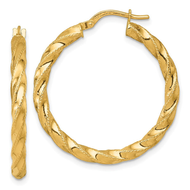 14k Polished Diamond-cut Twisted 3.00 x Tube Hoop Earrings, 32 x 3mm