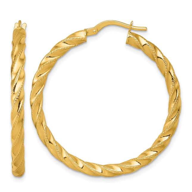 14k Polished Diamond-cut Twisted 3.00 x Tube Hoop Earrings, 35 x 3mm