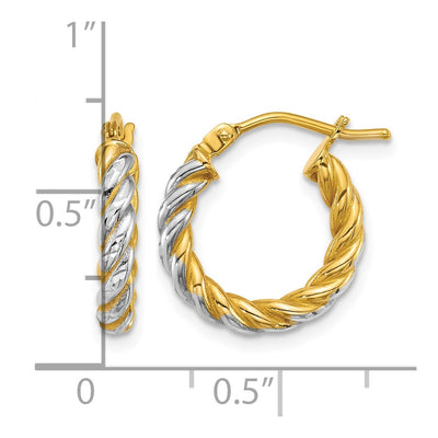 14K with White Rhodium Polished Diamond-cut Twisted Tube Hoop Earrings, 15 x 2.75mm