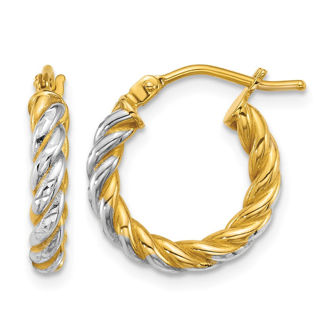 14k with White Rhodium Polished Diamond-cut Twisted Tube Hoop Earrings, 15 x 2.75mm