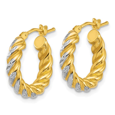 14K with White Rhodium Polished Diamond-cut Twisted Tube Hoop Earrings, 17 x 3.75mm