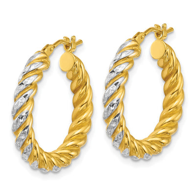 14K with White Rhodium Polished Diamond-cut Twisted Tube Hoop Earrings, 22 x 3.75mm