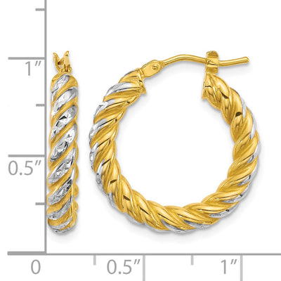 14K with White Rhodium Polished Diamond-cut Twisted Tube Hoop Earrings, 22 x 3.75mm