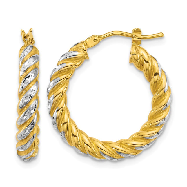 14k with White Rhodium Polished Diamond-cut Twisted Tube Hoop Earrings, 22 x 3.75mm