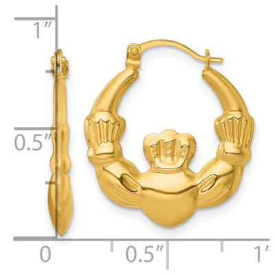 14K Polished Claddagh Hollow Hoop Earrings, 21.5 x 3mm